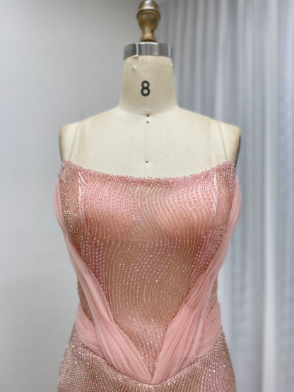 Gold Strapless Ruched Satin and Beaded Mermaid Evening Dress MY30188