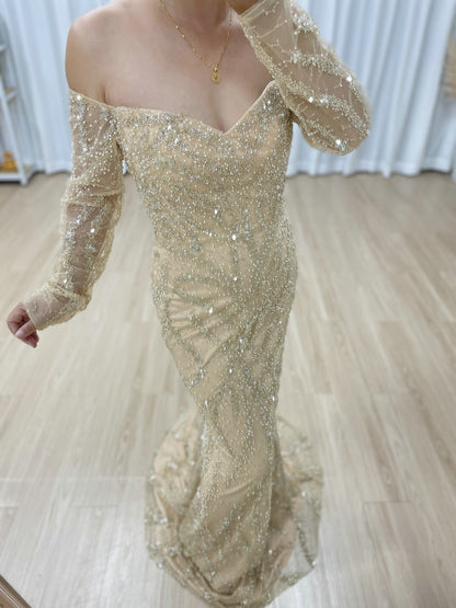Champagne Gold Off-Shoulder Mermaid Evening Dress Luxury Long Sleeve Formal Gown MY30190