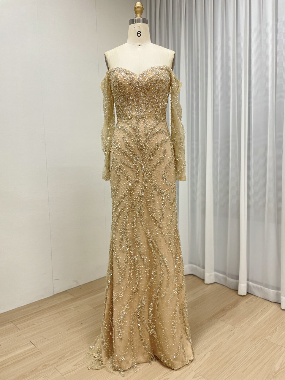 Champagne Gold Off-Shoulder Mermaid Evening Dress Luxury Long Sleeve Formal Gown MY30190
