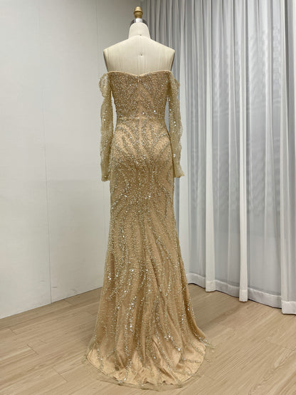 Champagne Gold Off-Shoulder Mermaid Evening Dress Luxury Long Sleeve Formal Gown MY30190