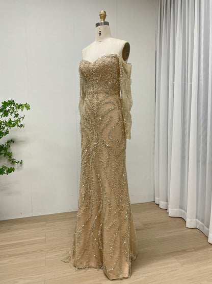 Champagne Gold Off-Shoulder Mermaid Evening Dress Luxury Long Sleeve Formal Gown MY30190