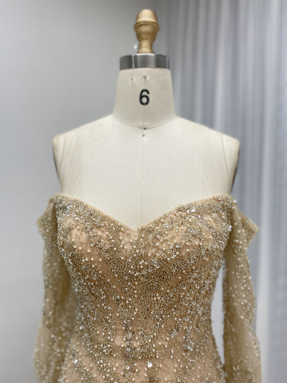Champagne Gold Off-Shoulder Mermaid Evening Dress Luxury Long Sleeve Formal Gown MY30190