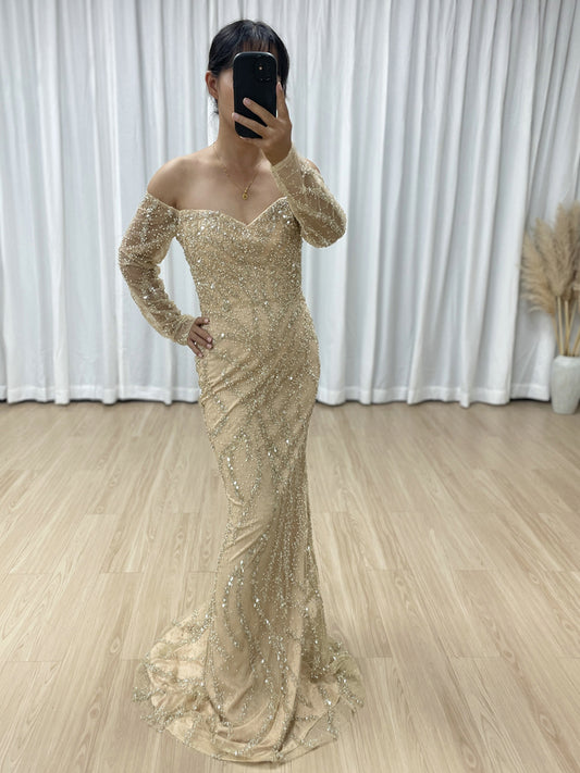 Champagne Gold Off-Shoulder Mermaid Evening Dress Luxury Long Sleeve Formal Gown MY30190