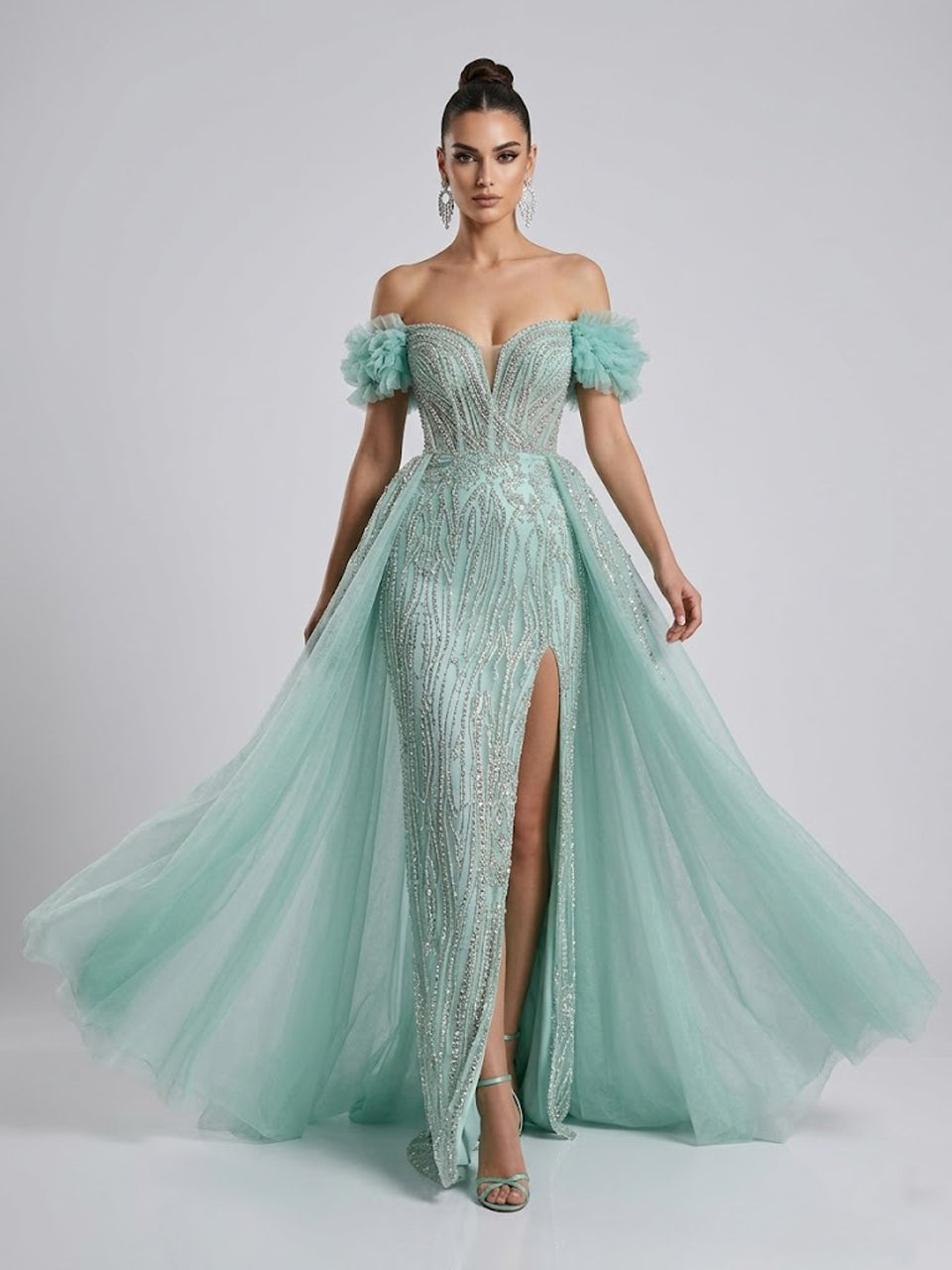 Luxury Green Beaded Off-the-Shoulder Prom Dress with High Slit & Overskirt MY30191
