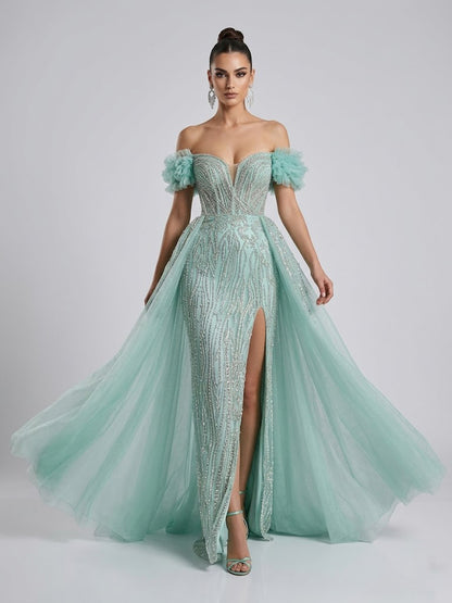 Luxury Green Beaded Off-the-Shoulder Prom Dress with High Slit & Overskirt MY30191