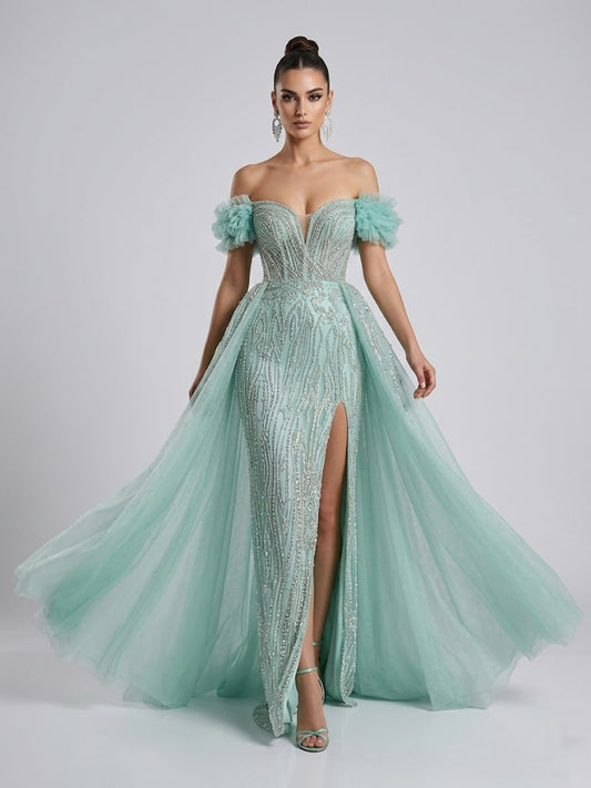 Luxury Green Beaded Off-the-Shoulder Prom Dress with High Slit & Overskirt MY30191