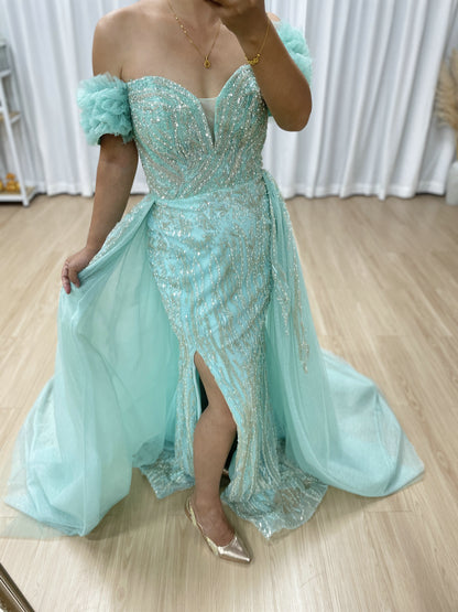 Luxury Green Evening Dress With Over-Skirt Beaded High Slit Off Shoulder Prom Gown MY30191