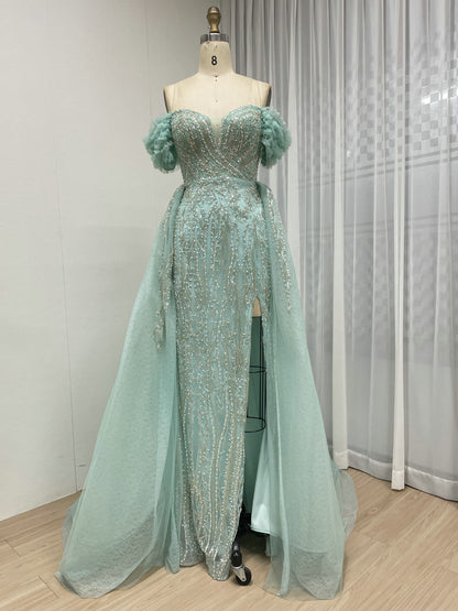 Luxury Green Evening Dress With Over-Skirt Beaded High Slit Off Shoulder Prom Gown MY30191