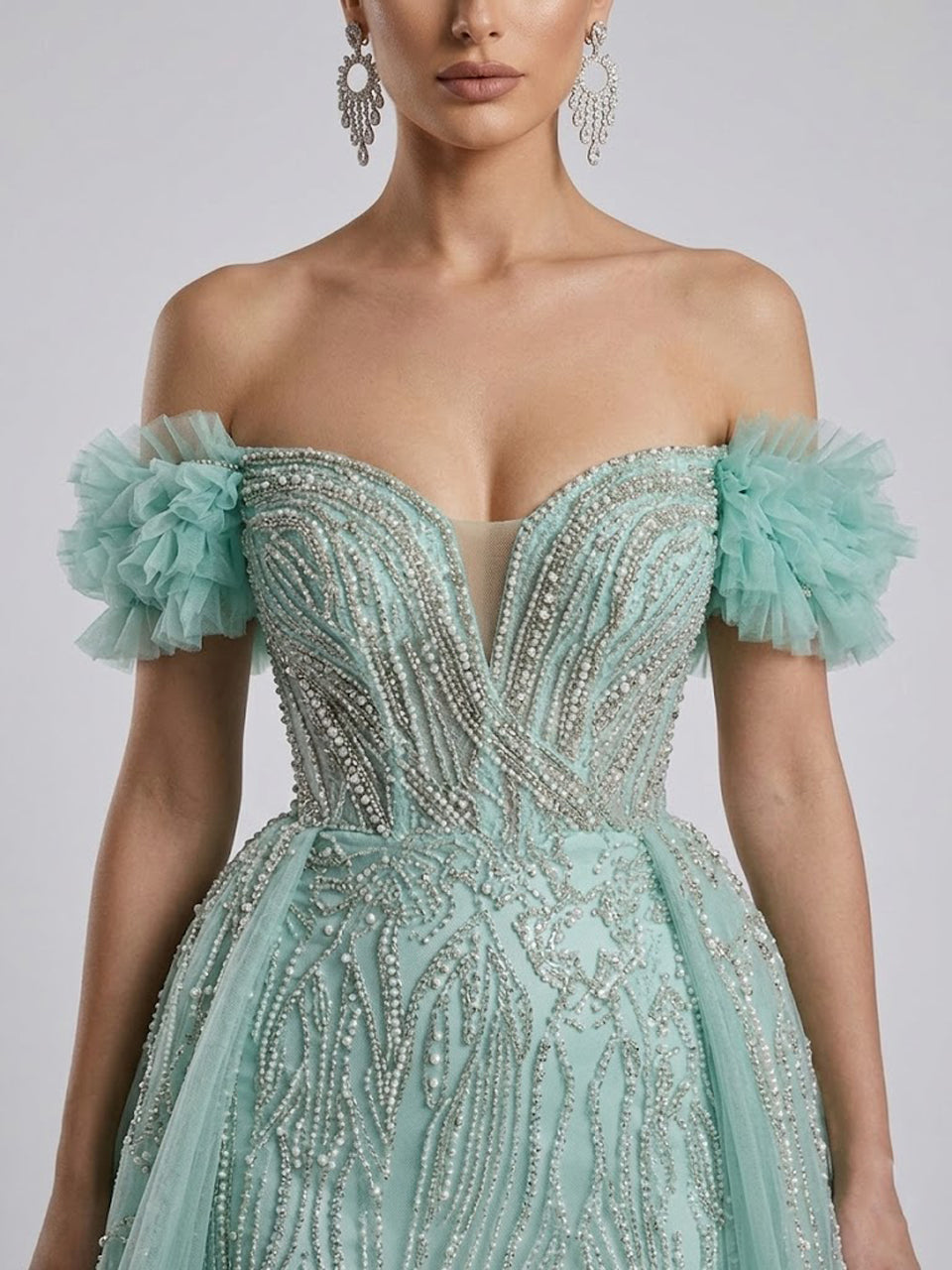 Luxury Green Beaded Off-the-Shoulder Prom Dress with High Slit & Overskirt MY30191
