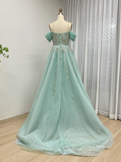 Luxury Green Evening Dress With Over-Skirt Beaded High Slit Off Shoulder Prom Gown MY30191