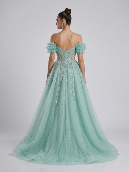 Luxury Green Beaded Off-the-Shoulder Prom Dress with High Slit & Overskirt MY30191