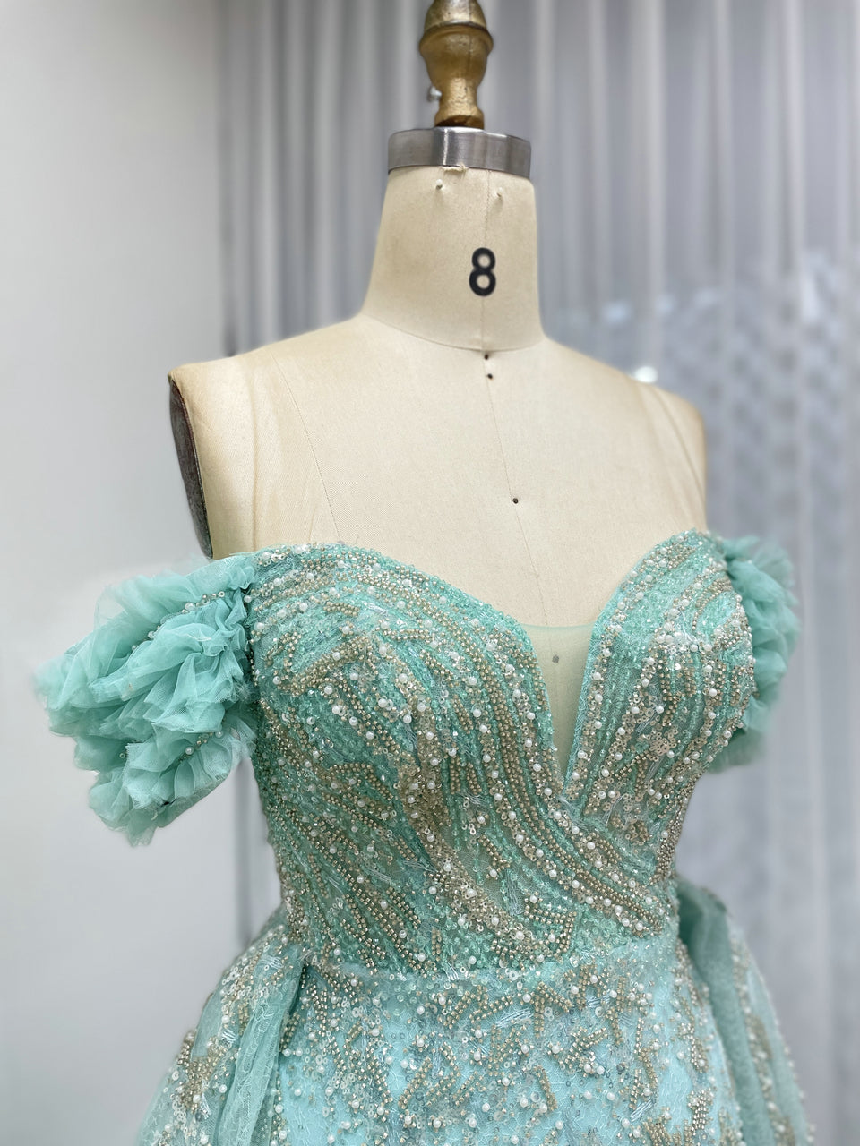 Luxury Green Evening Dress With Over-Skirt Beaded High Slit Off Shoulder Prom Gown MY30191