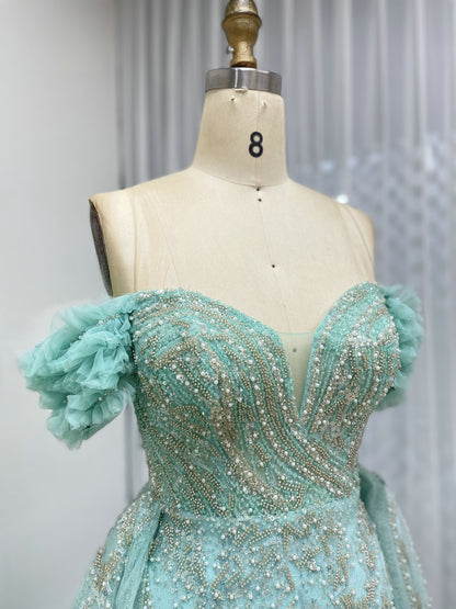 Luxury Green Evening Dress With Over-Skirt Beaded High Slit Off Shoulder Prom Gown MY30191