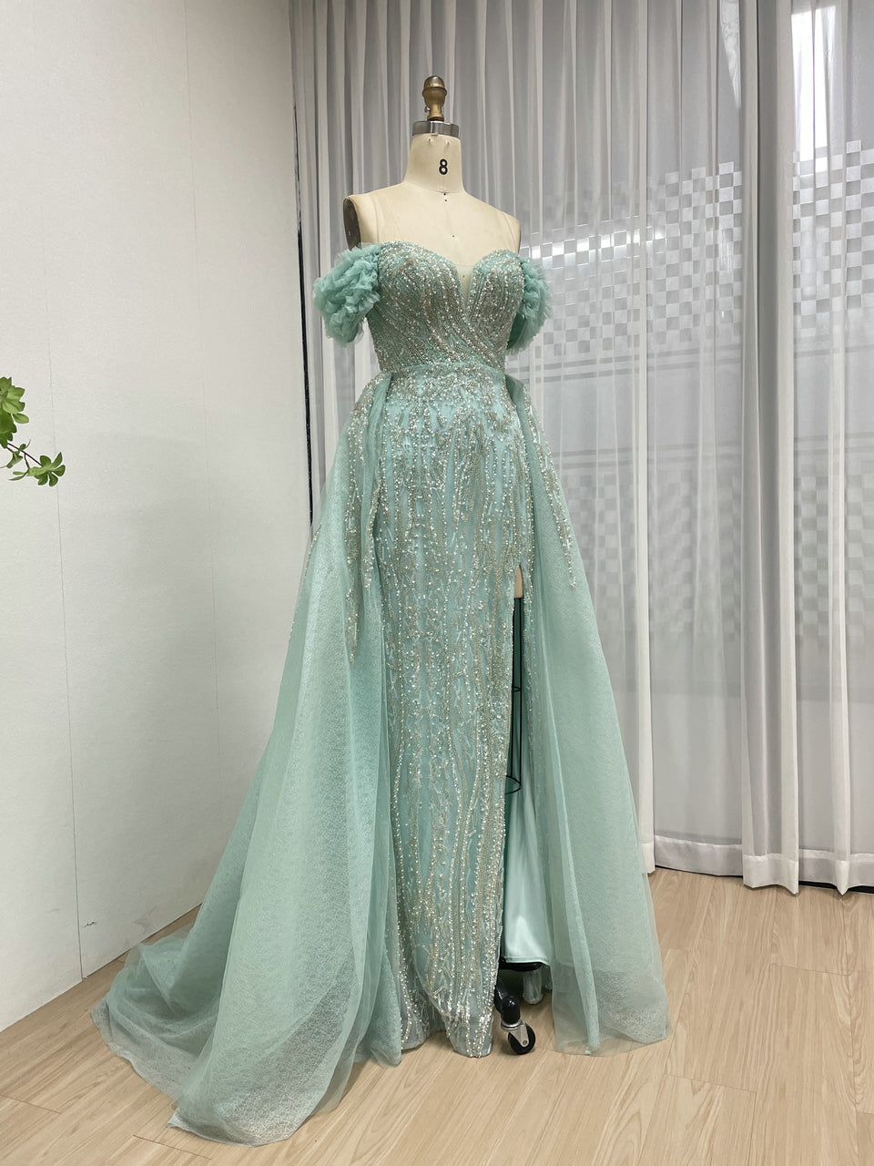 Luxury Green Evening Dress With Over-Skirt Beaded High Slit Off Shoulder Prom Gown MY30191