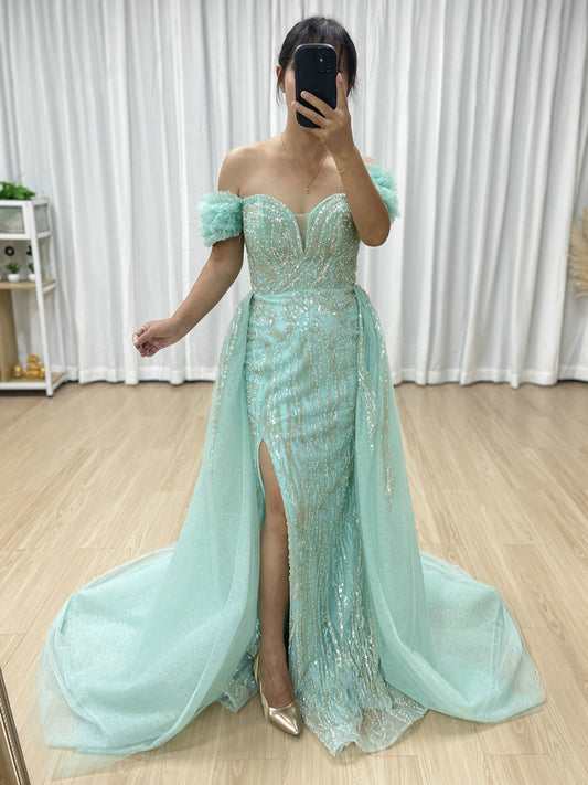Luxury Green Evening Dress With Over-Skirt Beaded High Slit Off Shoulder Prom Gown MY30191