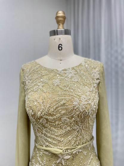 Long Sleeve Evening Dress Floral Applique Sweep Train Prom Party Occasion Gown MY30192