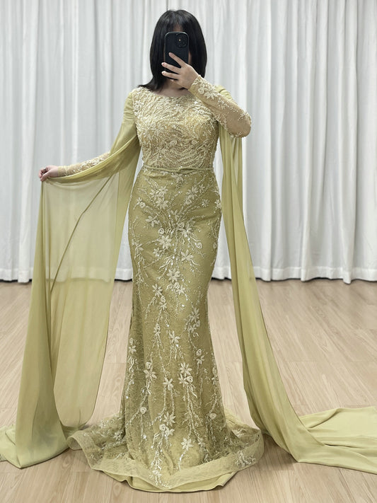 Long Sleeve Evening Dress Floral Applique Sweep Train Prom Party Occasion Gown MY30192