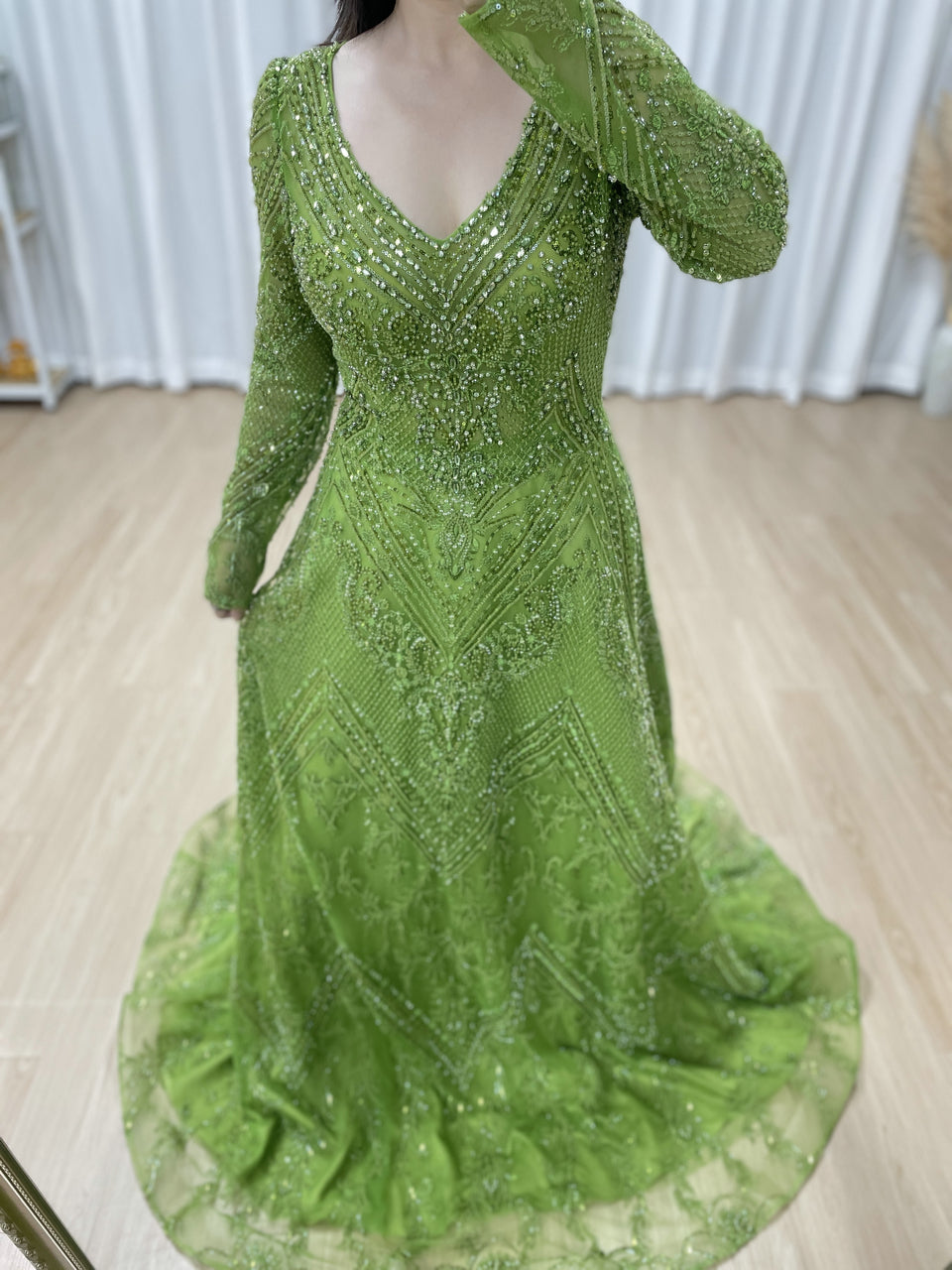 Green Beaded Long Sleeve Prom Dress A-Line Formal Evening Gown MY30193