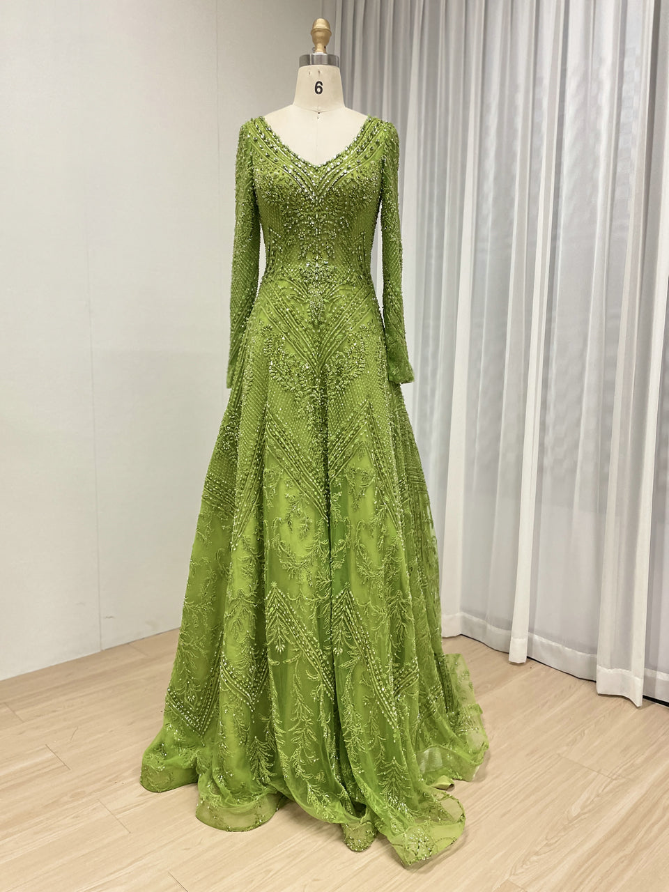 Green Beaded Long Sleeve Prom Dress A-Line Formal Evening Gown MY30193
