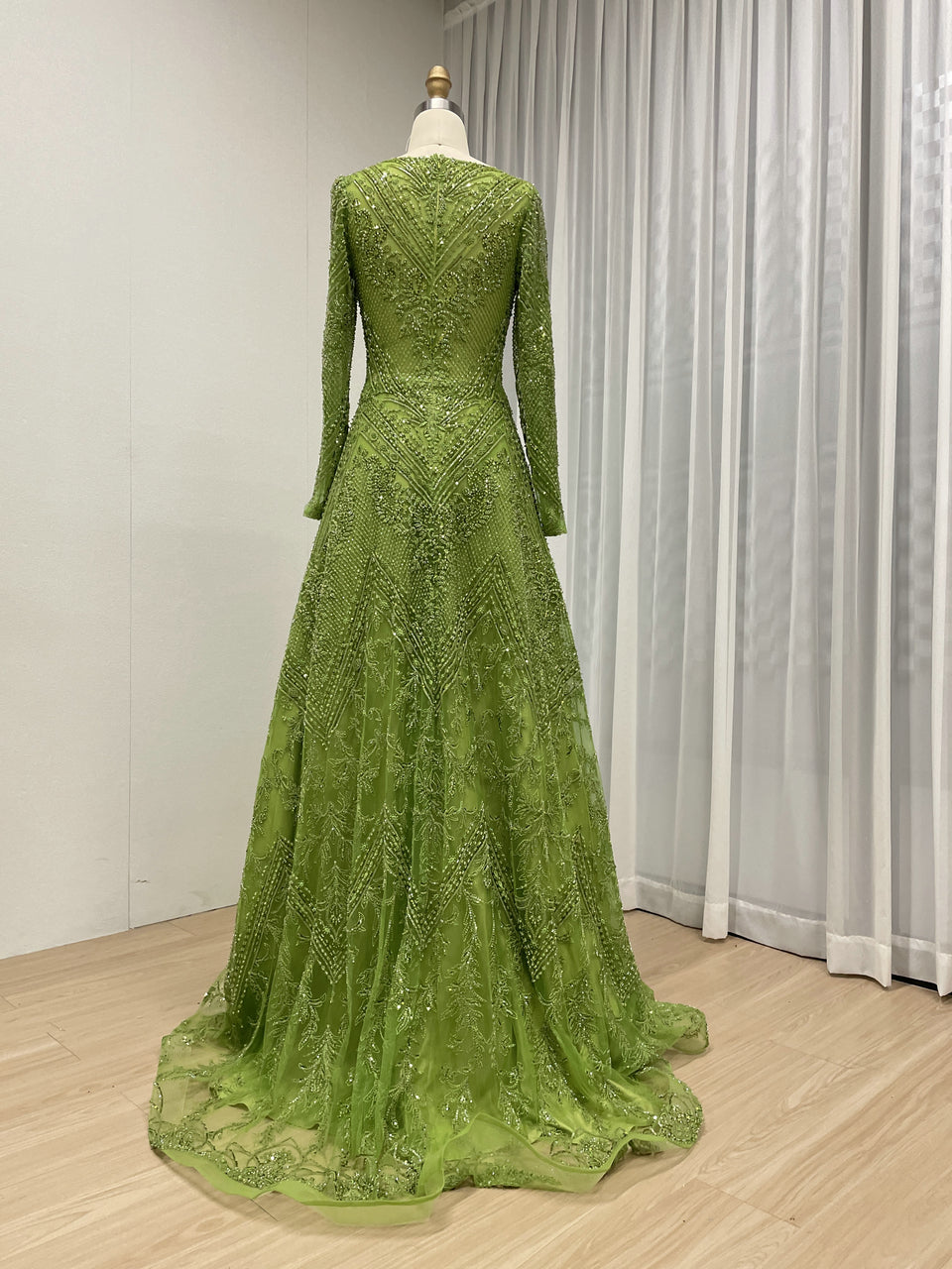 Green Beaded Long Sleeve Prom Dress A-Line Formal Evening Gown MY30193
