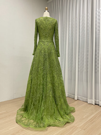 Green Beaded Long Sleeve Prom Dress A-Line Formal Evening Gown MY30193