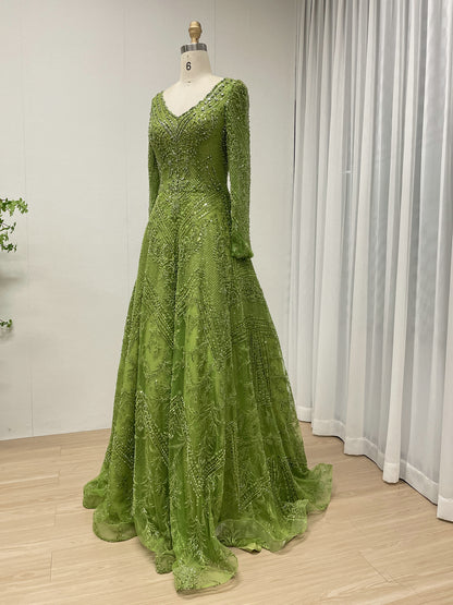 Green Beaded Long Sleeve Prom Dress A-Line Formal Evening Gown MY30193