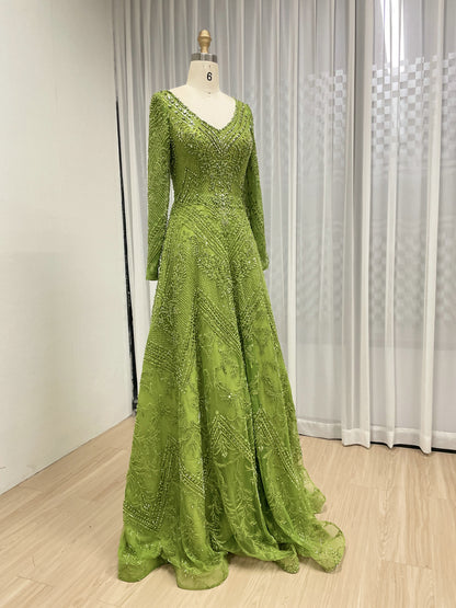 Green Beaded Long Sleeve Prom Dress A-Line Formal Evening Gown MY30193