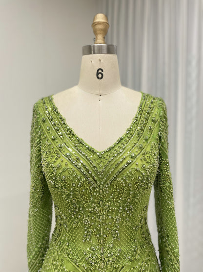 Green Beaded Long Sleeve Prom Dress A-Line Formal Evening Gown MY30193