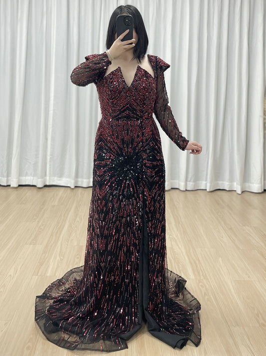 Luxury Arabic Beaded Prom Gown Long Sleeve Black Wine Slit Party Dress MY30194