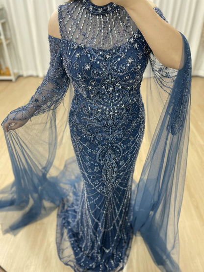 Blue Mermaid Sequin Dress Cold Shoulder High Neck Prom Gown MY30195
