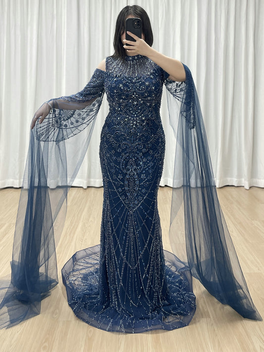 Blue Mermaid Sequin Dress Cold Shoulder High Neck Prom Gown MY30195