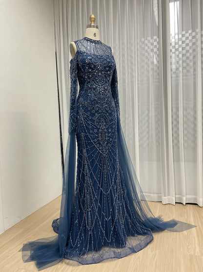 Blue Mermaid Sequin Dress Cold Shoulder High Neck Prom Gown MY30195