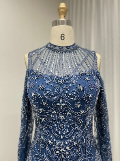 Blue Mermaid Sequin Dress Cold Shoulder High Neck Prom Gown MY30195