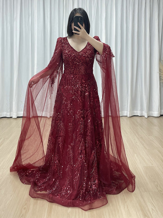 Wine Beaded Evening Dress Long Sleeves for Wedding Party Arabic MY30196