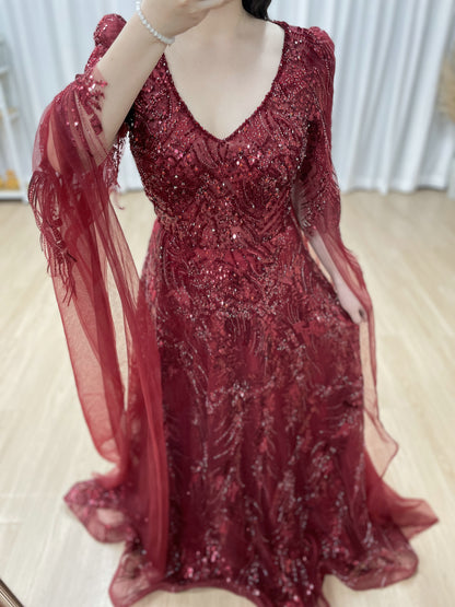 Wine Beaded Evening Dress Long Sleeves for Wedding Party Arabic MY30196