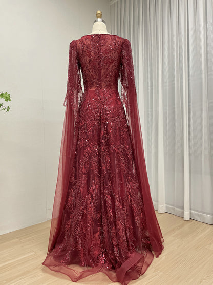 Wine Beaded Evening Dress Long Sleeves for Wedding Party Arabic MY30196