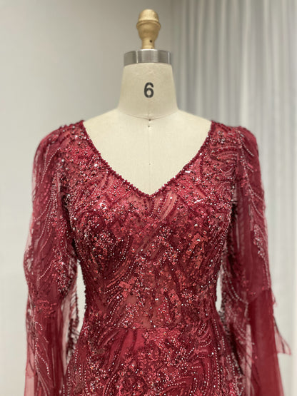 Wine Beaded Evening Dress Long Sleeves for Wedding Party Arabic MY30196