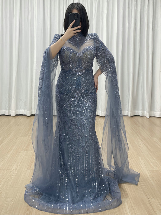 Blue Beaded Evening Dress Long Cape Sleeves Tulle Arabic Gown MY30197