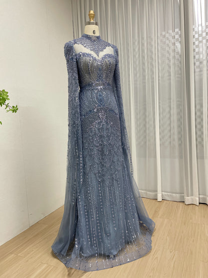 Blue Beaded Evening Dress Long Cape Sleeves Tulle Arabic Gown MY30197