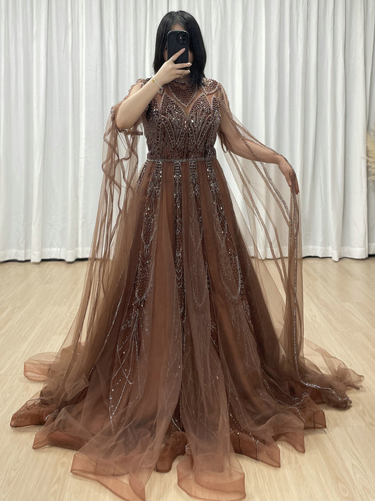 Brown High Neck Evening Dress Full Sleeve Sheer Bodice A-Line Prom MY30198