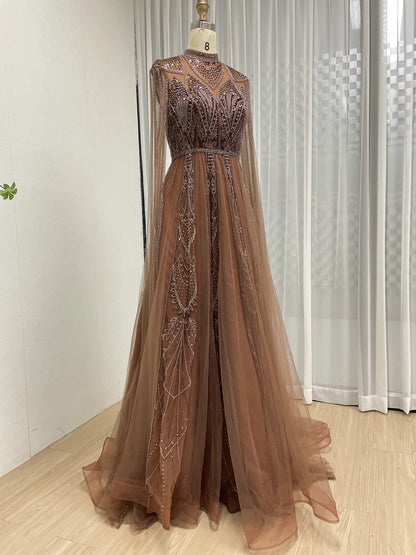 Brown High Neck Evening Dress Full Sleeve Sheer Bodice A-Line Prom MY30198