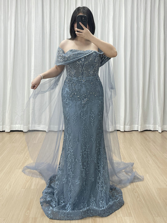 Blue Mermaid Lace Sequin Dress Off Shoulder Ruffle Prom Gown MY30199