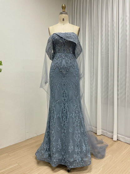 Blue Mermaid Lace Sequin Dress Off Shoulder Ruffle Prom Gown MY30199