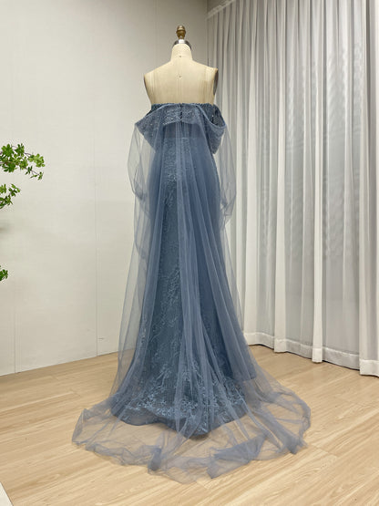 Blue Mermaid Lace Sequin Dress Off Shoulder Ruffle Prom Gown MY30199