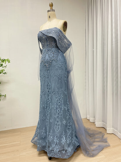 Blue Mermaid Lace Sequin Dress Off Shoulder Ruffle Prom Gown MY30199