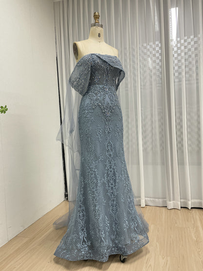 Blue Mermaid Lace Sequin Dress Off Shoulder Ruffle Prom Gown MY30199