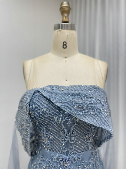 Blue Mermaid Lace Sequin Dress Off Shoulder Ruffle Prom Gown MY30199