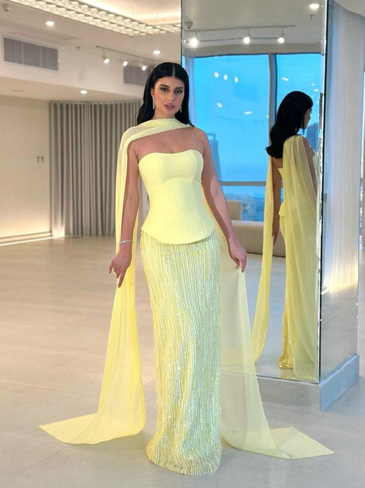 Bright Yellow Halter Neck Gown with Beaded Sheath Skirt MY30200