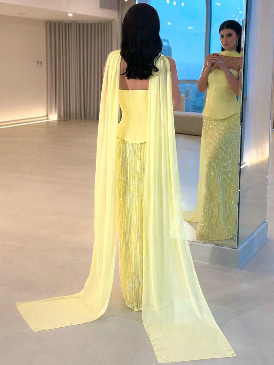 Bright Yellow Halter Neck Gown with Beaded Sheath Skirt MY30200