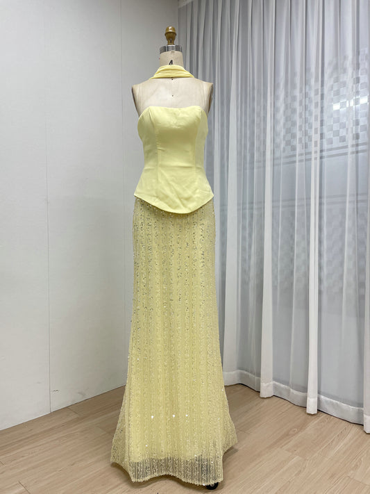 Bright Yellow Halter Neck Gown with Beaded Sheath Skirt MY30200